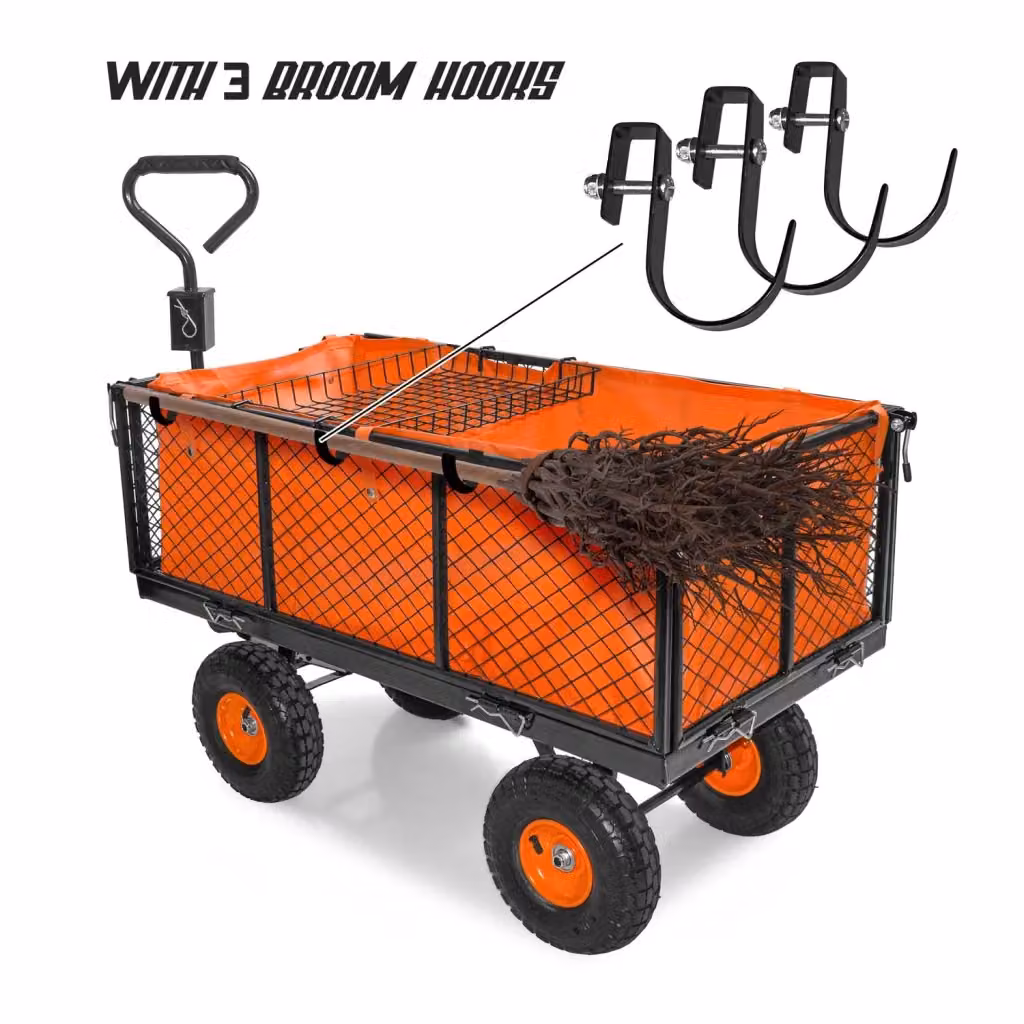 Carrello rimorchio porta attrezzi da giardino Boudech in ferro arancione con telone e griglia, portata massima 550kg – 2