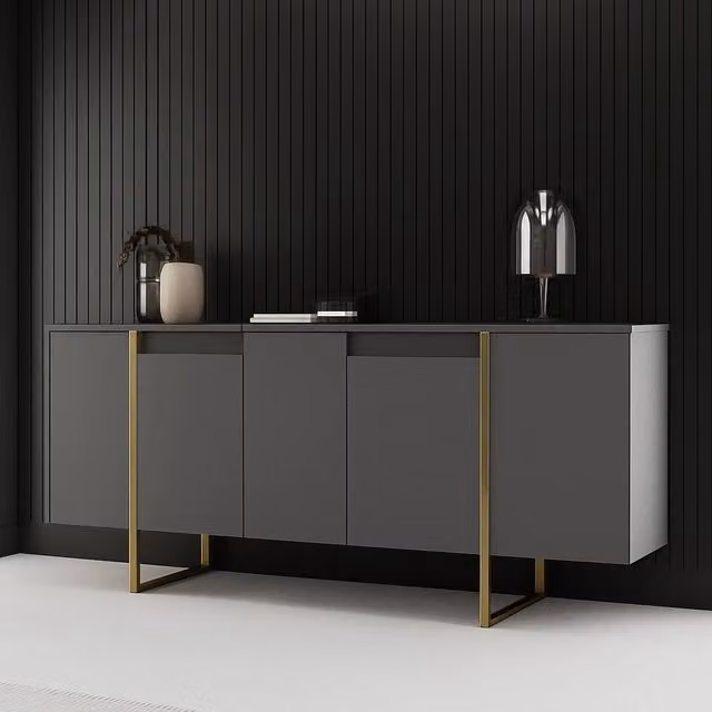 Credenza Arta, Buffet da soggiorno, Madia da salotto, Dispensa da cucina, 160x35h80 cm, Antracite e Oro