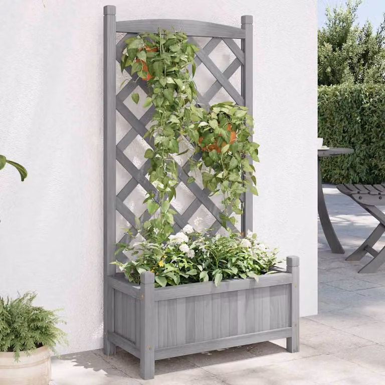 Fioriera con Traliccio vidaXL Grigia in Legno per Giardino Ornamentale o Orto L 55 x P 29,5 x H 110 cm