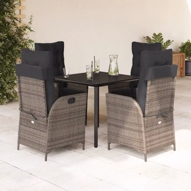 Set da pranzo da giardino vidaXL in polyrattan grigio e nero con tavolo in vetro e 5 pezzi
