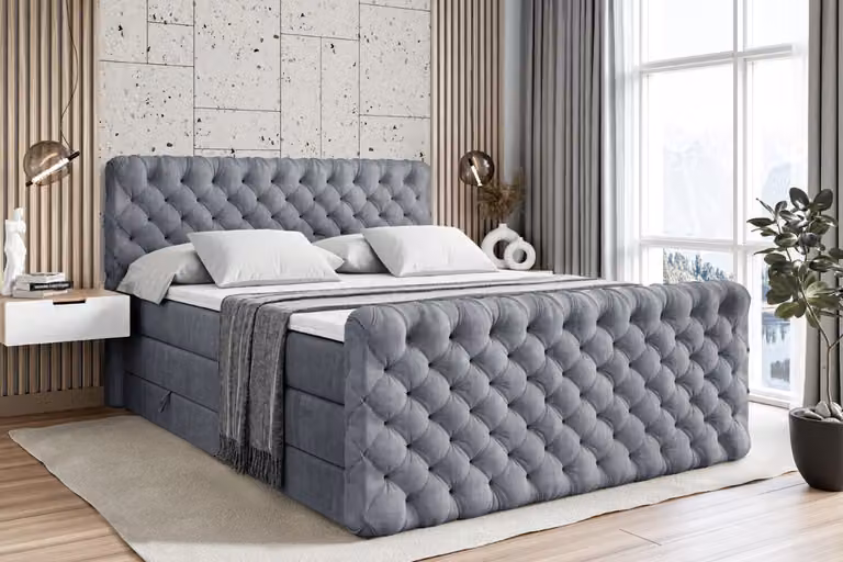 Letto boxspring ALTDECOR con pediera, 2 materassi e topper - 200x200 cm - BOXI8-Z KING - Velluto grigio - Letto imbottito con materassi H3 e H4, contenitore e rete a doghe, letto con spazio contenitivo