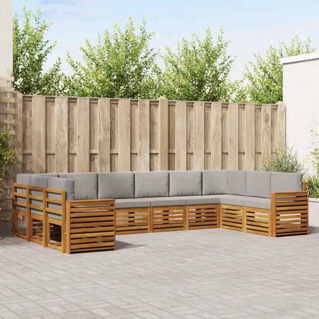 Set di divani da esterno vidaXL a forma di L in legno di acacia con cuscini grigi – 1