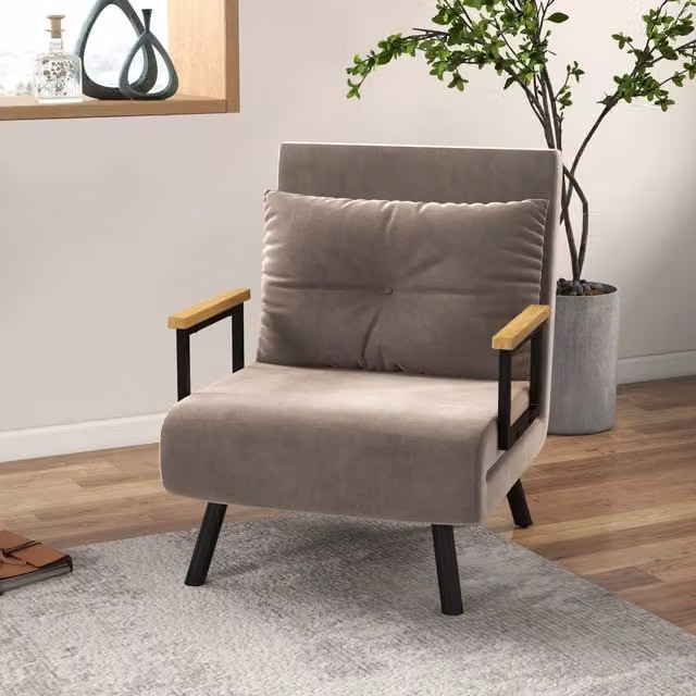 Poltrona letto pieghevole WISHDOR con schienale reclinabile e braccioli, tessuto effetto velluto, grigio, L: 63 cm, P: 73 cm, H: 81 cm – 1