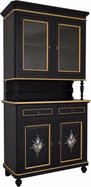 Cristalliera Shabby Chic Mobili 2G in Legno Nero con Decorazioni Floreali Oro L: 104 cm, P: 43 cm, H: 208 cm
