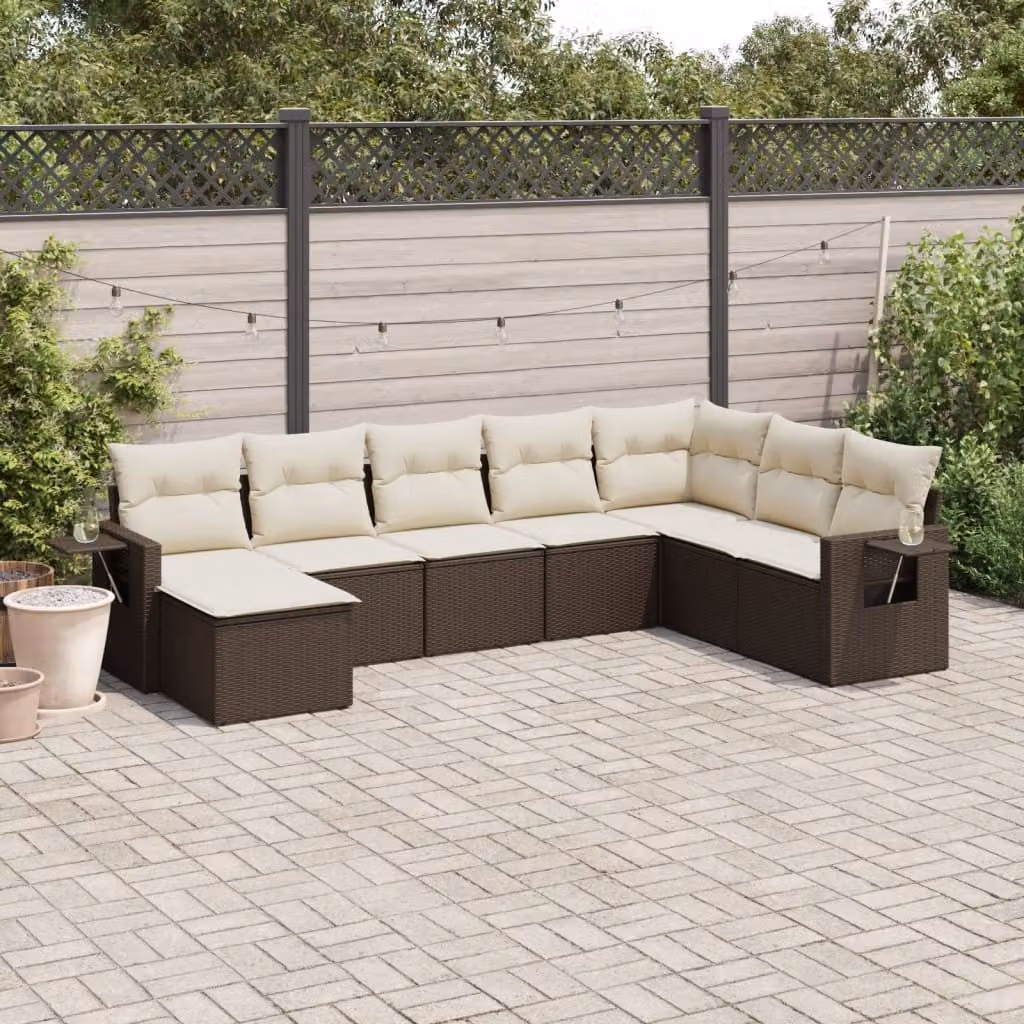 vidaXL Set Divani da Giardino 8 pz in Polyrattan Marrone con Cuscini e Tavolino – 1