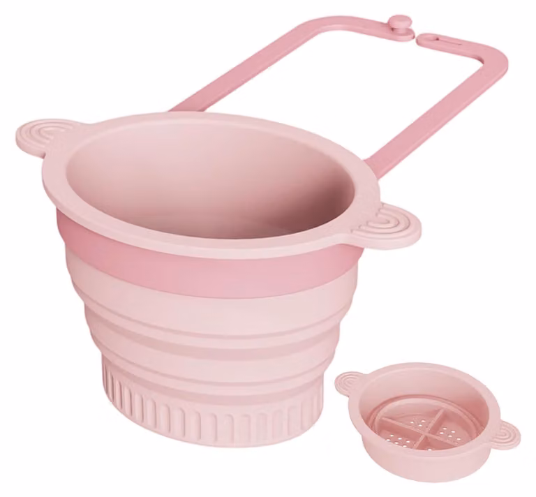 Filtro per lavello 2-in-1, pieghevole, in silicone, rosa, 15x14x4 cm
