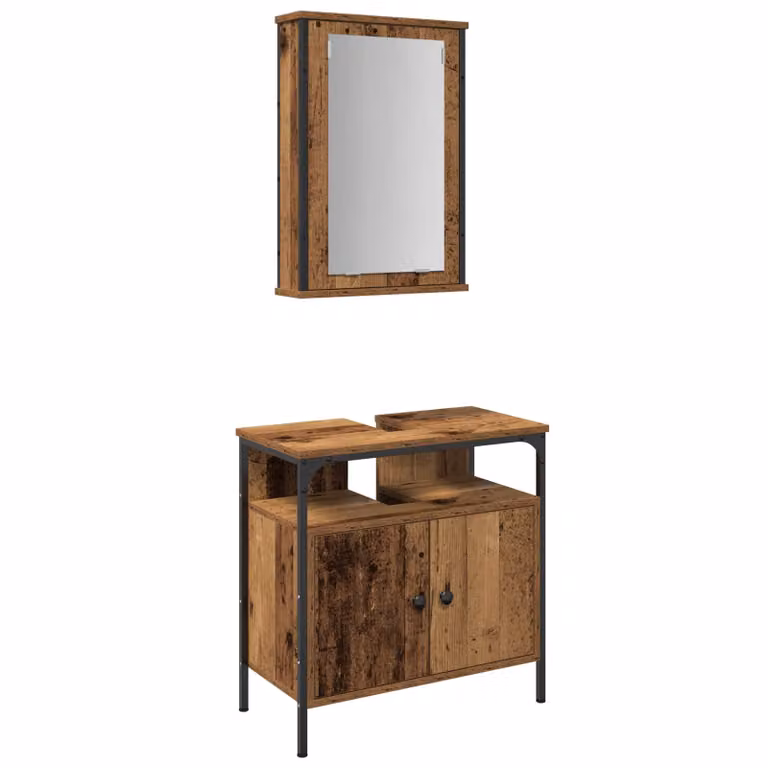 Set di mobili per il bagno vidaXL composto da mobile lavabo e pensile con specchio, Marrone e Nero, L: 60 cm, P: 30 cm, H: 60 cm