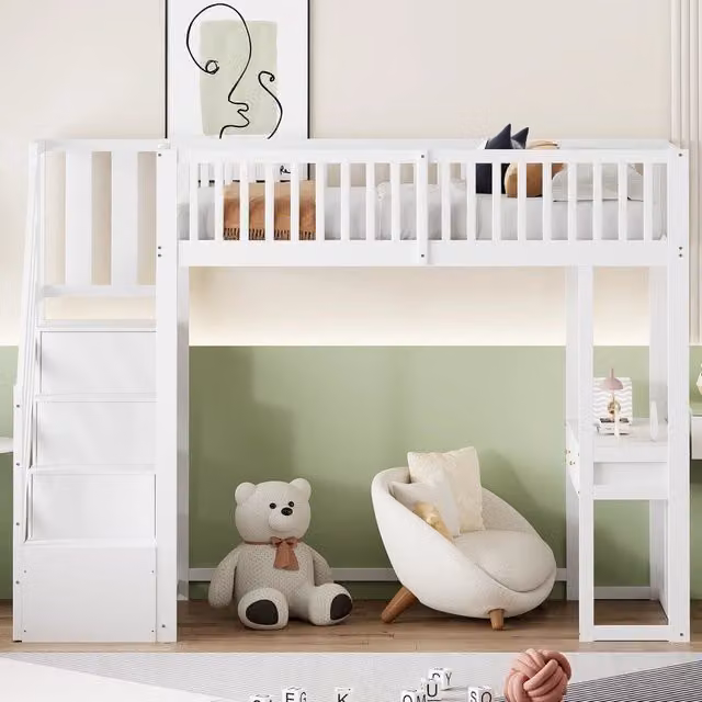 Letto a soppalco 90x200 con scrivania e scale contenitore; struttura in legno di pino; letto bianco per bambini e ragazzi