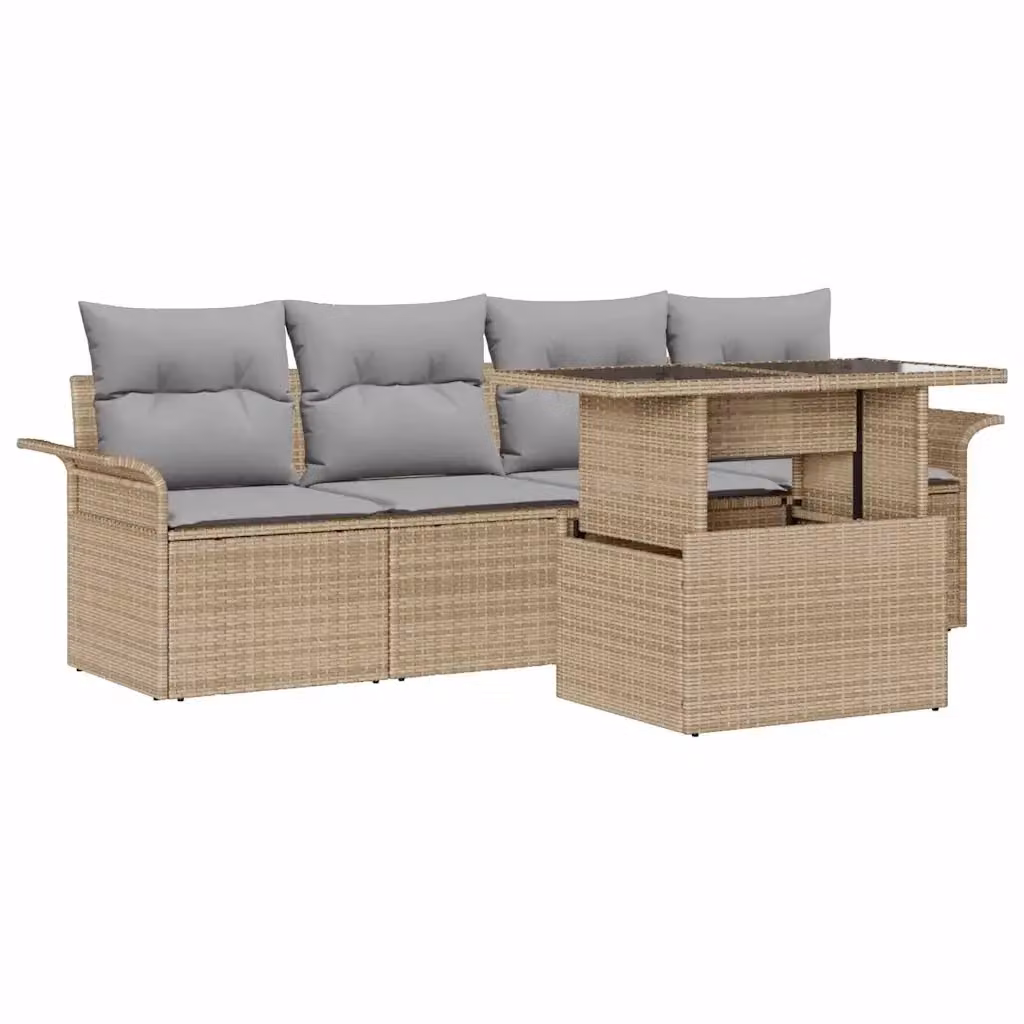 Set Divano da Giardino vidaXL 5 Pezzi in Polyrattan Beige con Cuscini e Tavolino da Caffè in Metallo e Vetro – 2