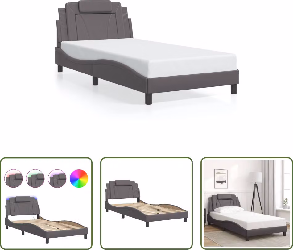 The Living Store Struttura letto con LED Grigio 100x200 cm in ecopelle