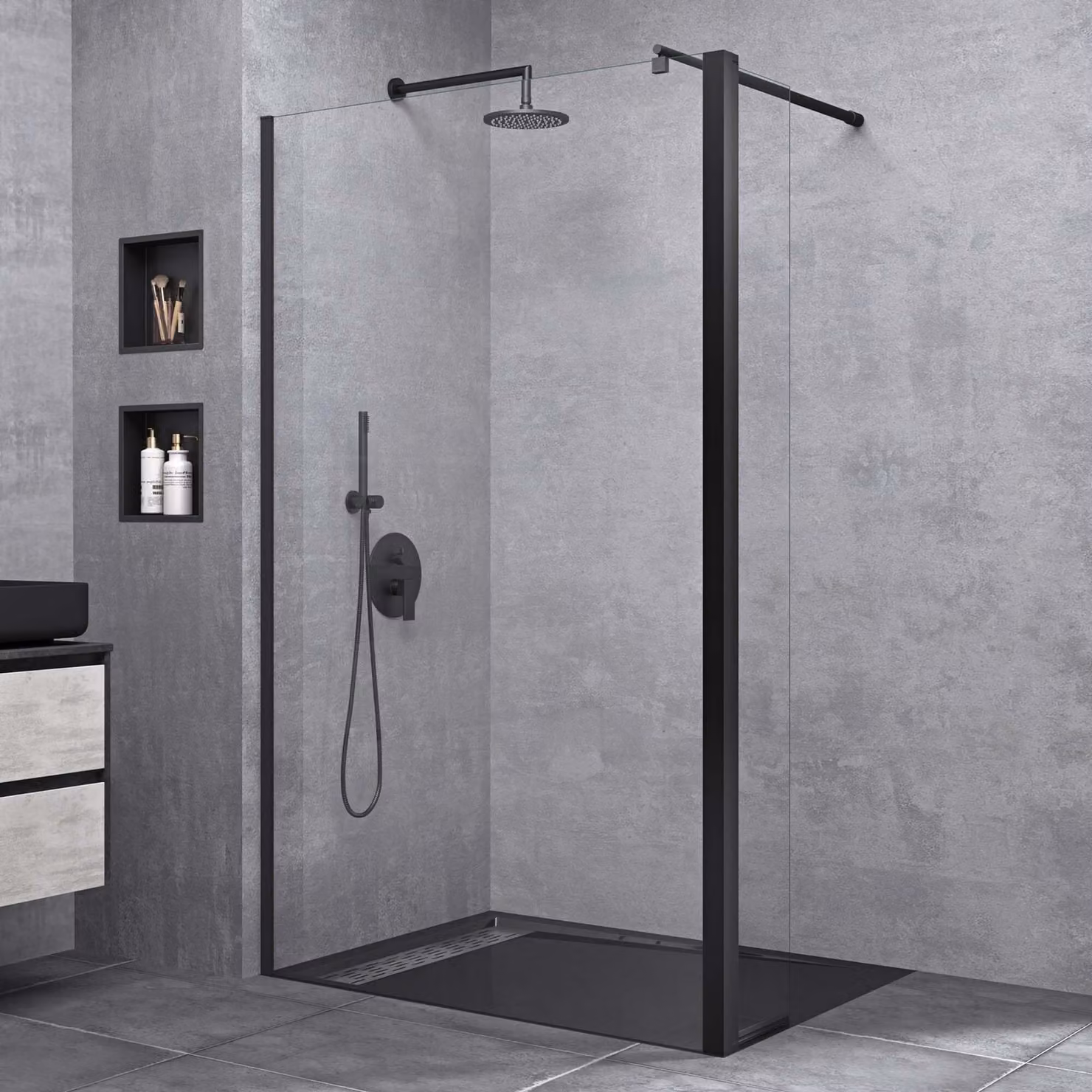 doporro Box Doccia Walk-In 130x200cm con Vetro Laterale 30cm, Parete Doccia Anticalcare in Vetro da 10mm con Braccio Sostegno MMBR1 Telescopico in Acciaio Nero