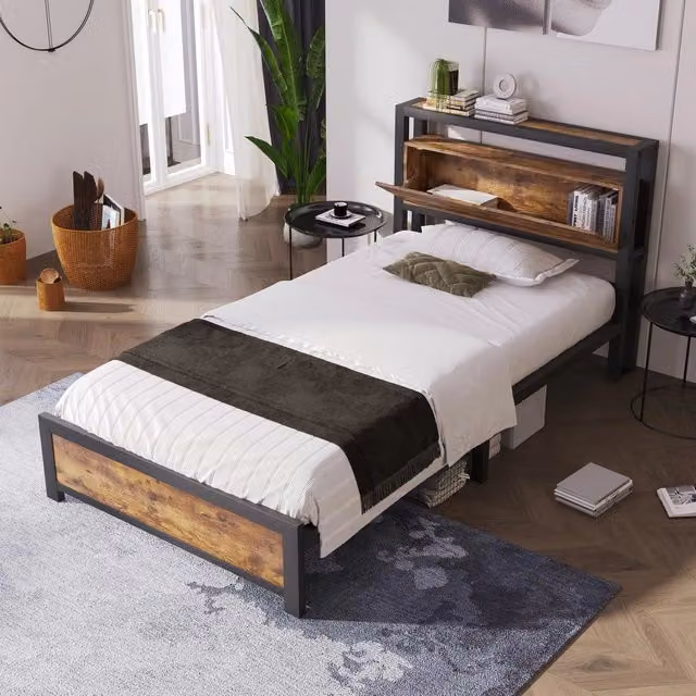 Letto Singolo in Metallo con Testiera Contenitore e Rete a Doghe ¨C MINIMAL ¨C Nero 90x200