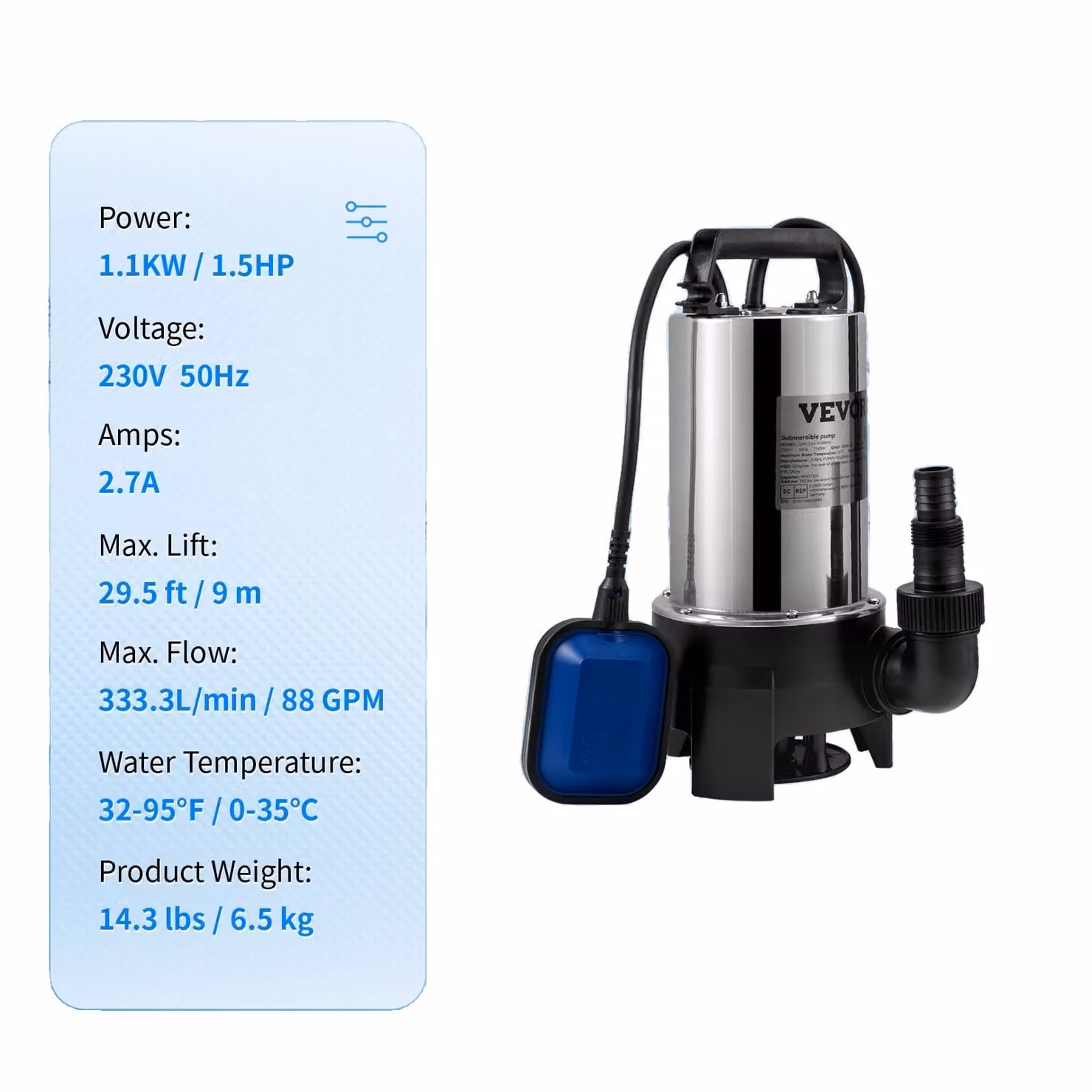 Pompe per acque reflue, pompe sommergibili, 550W - 2200W, 1100W, 1,5 CV, modello europeo