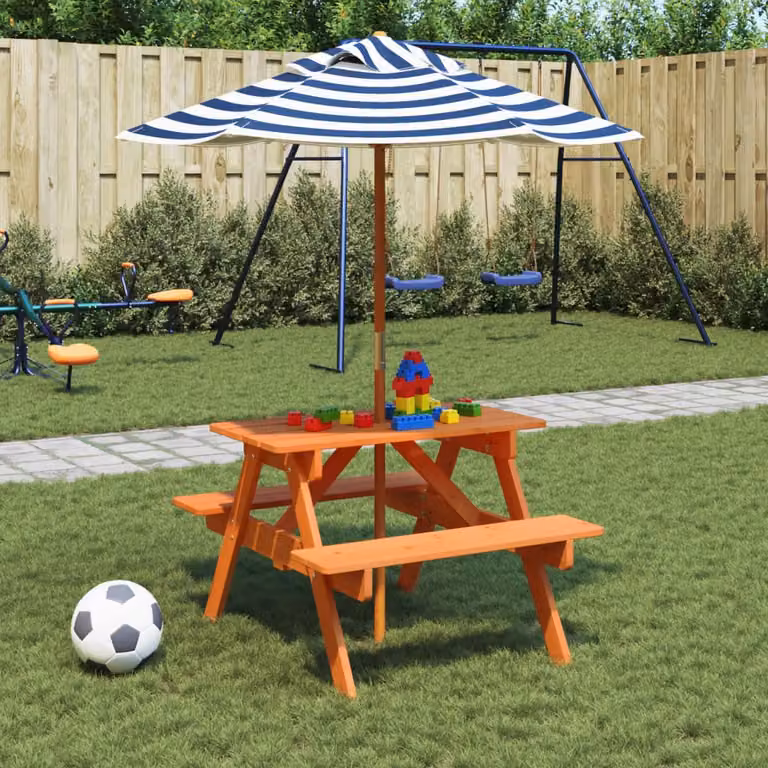 vidaXL Tavolo da picnic per 4 bambini in legno di abete con ombrellone per giardino