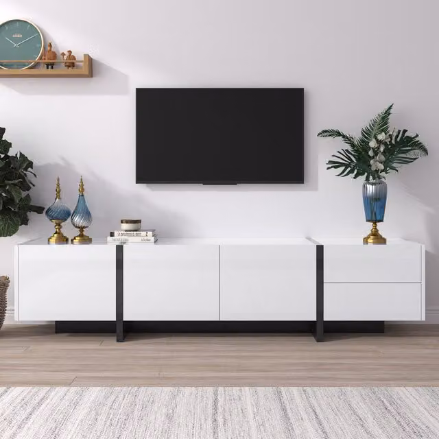 Mobile TV Lowboard Aosom Moderno con Ante e Cassetti, Design Lineare Lucido Bianco e Nero, L: 190 cm, P: 45 cm, H: 35 cm