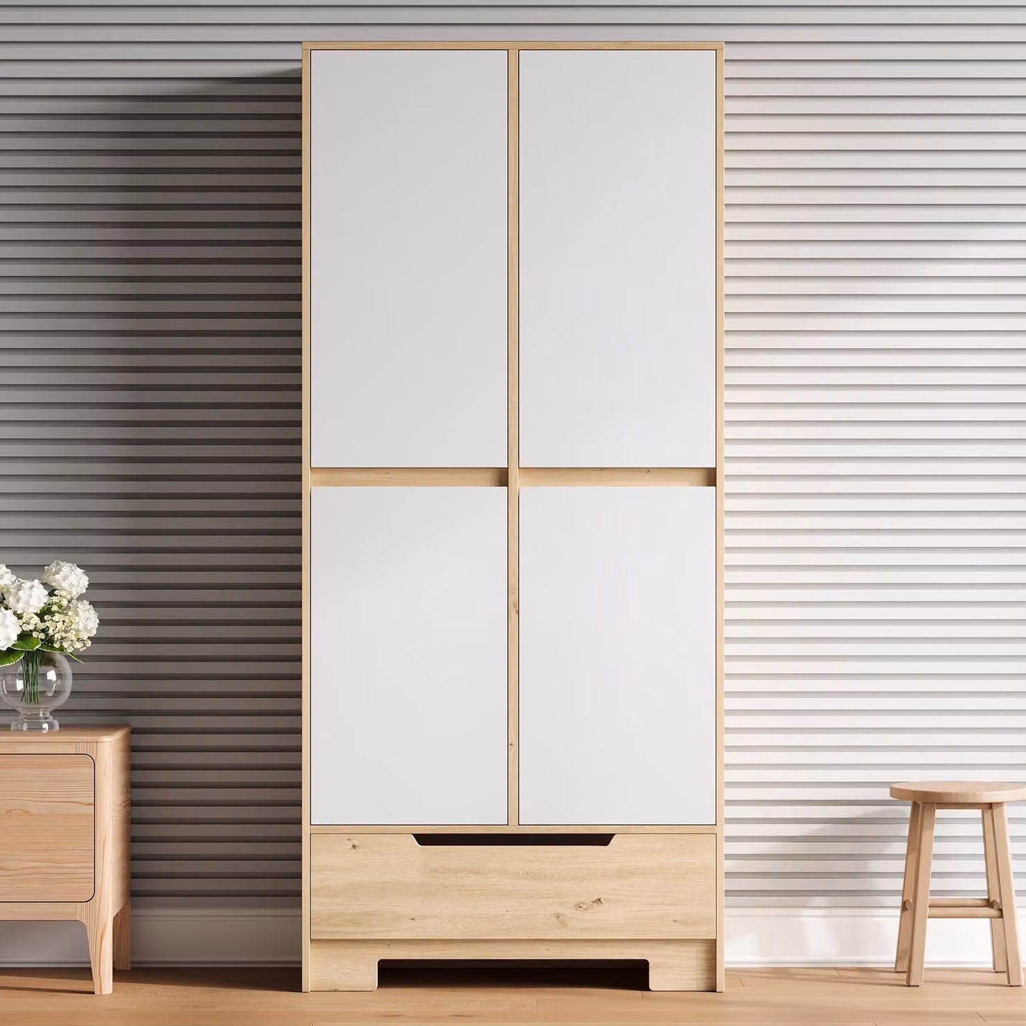 Armadio da cucina con cassetto e ante, dispensa con ripiani, mobile alto con vani a giorno e spazio contenitivo, dimensioni 80x35x180 cm, colore bianco e naturale, materiali: MDF e pannello di fibra a media densità