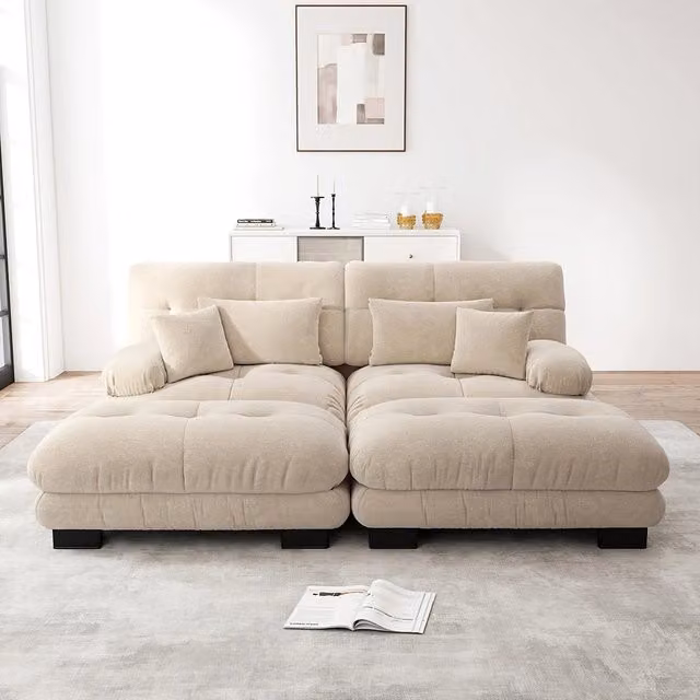 Divano angolare Cloud - Xylo - 2 posti in chenille con 2 cuscini lombari, 2 decorativi e 2 pouf, marrone chiaro