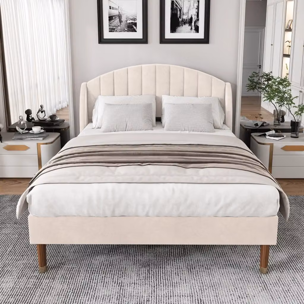 Letto matrimoniale OKWISH per adulti in velluto beige con testiera imbottita e doghe in legno, L/P: 140 x 200 cm – 2