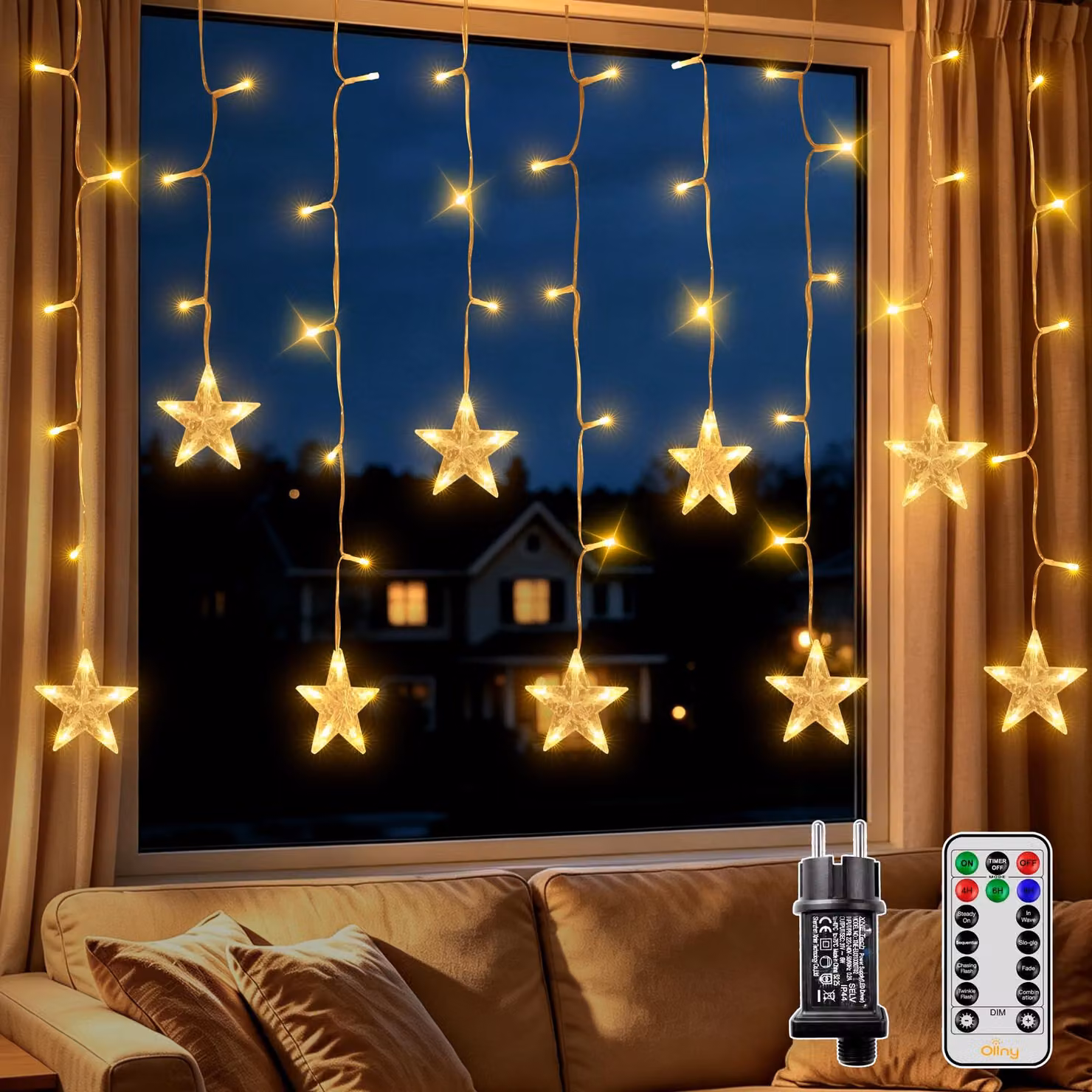 Tenda luminosa a forma di stelle, 3 metri, 144 LED, luce bianco caldo, dimmerabile, grado di protezione IP44