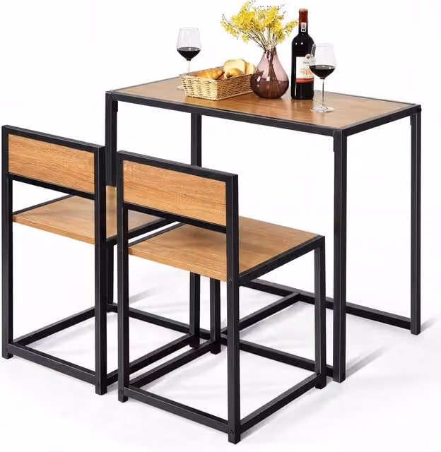 Set da pranzo rustico composto da tavolo rettangolare e 2 sedie con struttura in metallo e piano in legno, colore marrone – 1