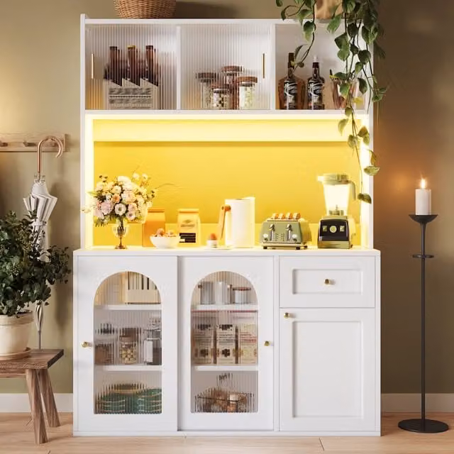 Mobile colonna da cucina Mivray bianco con ante scorrevoli in vetro, ripiani interni e illuminazione integrata, L/P/H: 120 x 35 x 167 cm