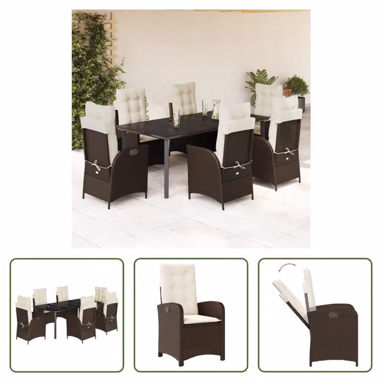 The Living Store Set da pranzo da giardino 7 pezzi con cuscini in polirattan marrone