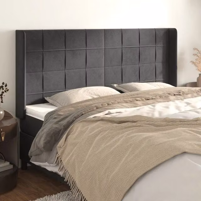 Testiera con Orecchie Design Mania in Velluto Grigio, L: 203 cm, P: 16 cm, H: 118/128 cm – 1