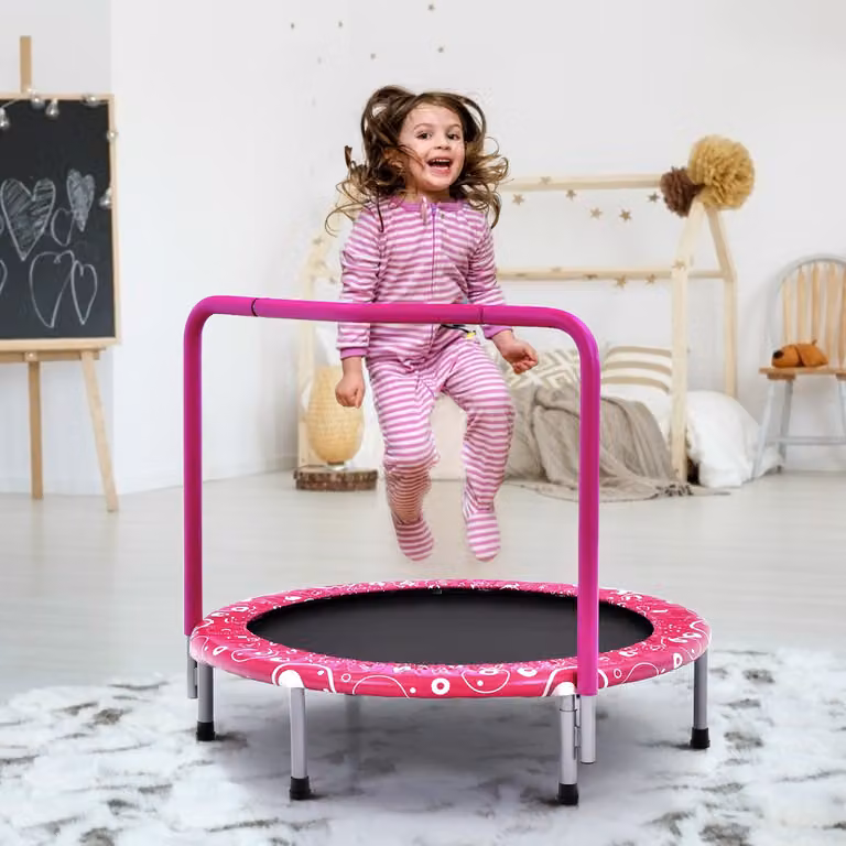 Costway Mini Trampolino per Bambini con Copertura di Sicurezza e Maniglia, Tappeto Elastico Pieghevole Rosa, L/P/H: 92 x 92 x 80,5 cm