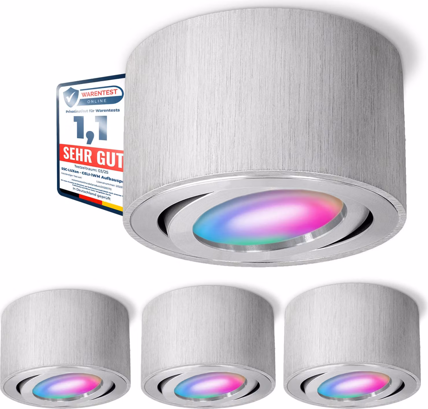 SSC-LUXon 4x CELI-1A faretto da superficie piatto orientabile spazzolato con illuminazione LED Smart RGB CCT - controllo spot WLAN tramite app e voce