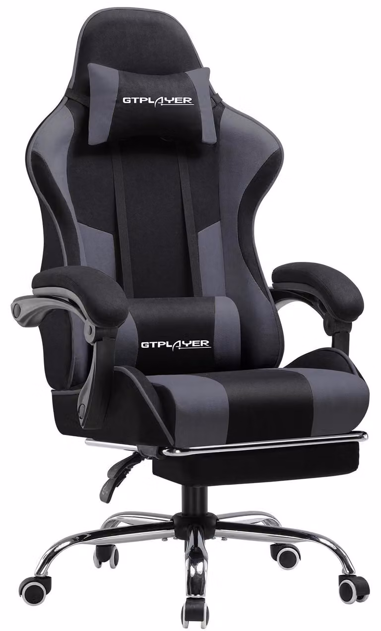 Sedia da gaming - Sedia da ufficio ergonomica GT800A - Cuscino lombare con funzione massaggio - Poggiapiedi ribaltabile - Regolabile in altezza e girevole - Portata fino a 150 kg - Tessuto grigio