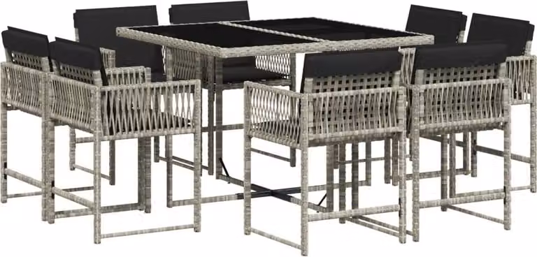 Set Pranzo da Giardino 9pz con Cuscini Grigio Chiaro Polyrattan