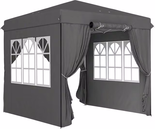 Gazebo pieghevole 250x250 cm in poliestere grigio scuro con 4 pareti, UV50+