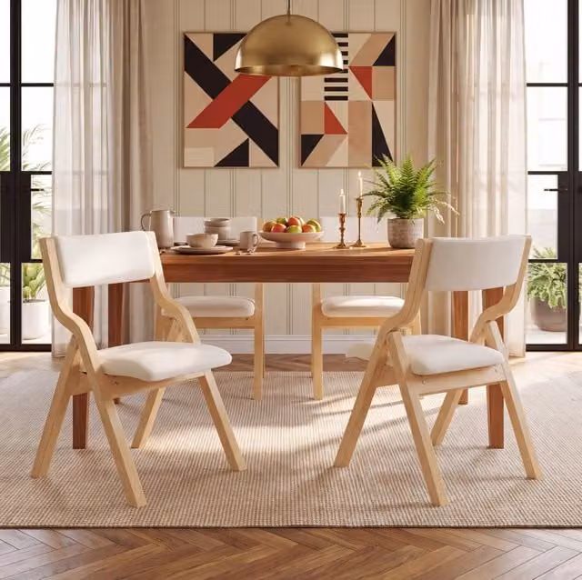 Set di 4 sedie da pranzo pieghevoli in legno massello e lino beige
