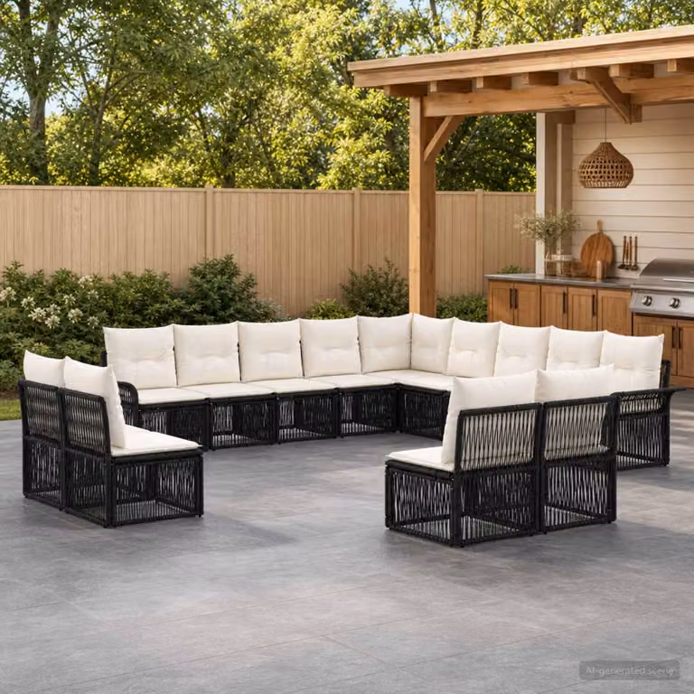 Set Divano da Giardino vidaXL 13 pz Nero con Cuscini e Struttura in Metallo e Polyrattan