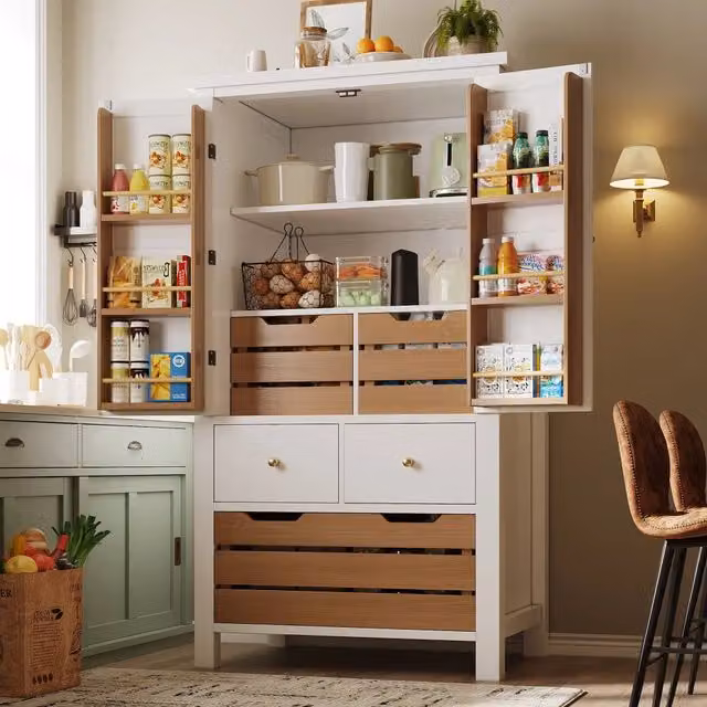 Mobile colonna da cucina con 2 ante; 5 cassetti e ripiani fissi in MDF bianco 80 × 40 × 140 cm