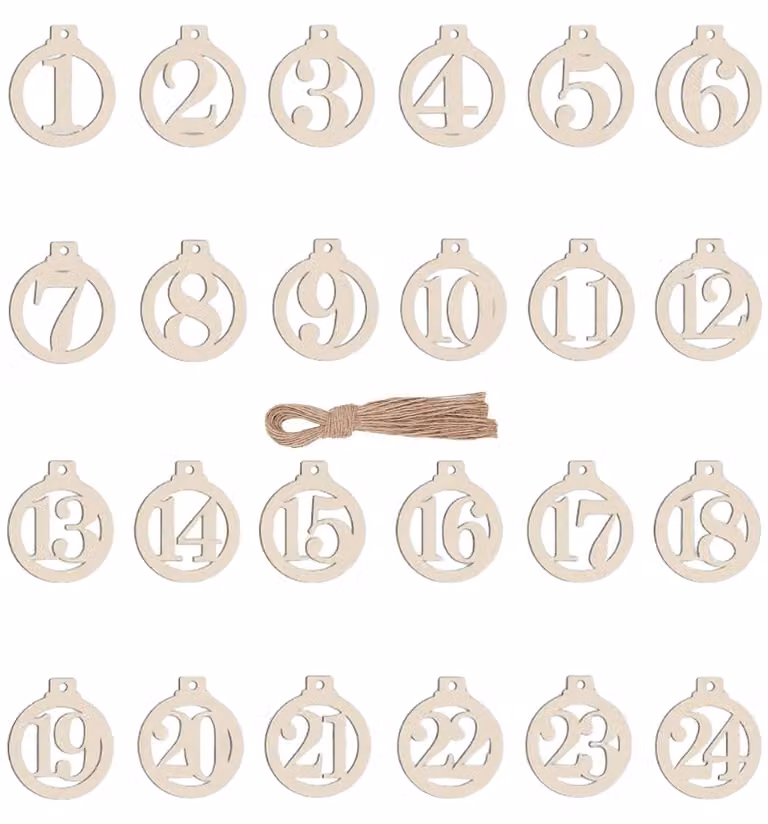 Calendario dell'Avvento in legno, con numeri da 1 a 24, forma circolare, diametro 4 cm, ideale per decorazioni fai-da-te