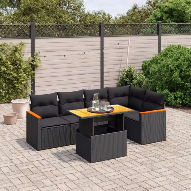 Set Divano da Giardino VIDAXL a L in Polyrattan Nero con Cuscini, 6 Posti