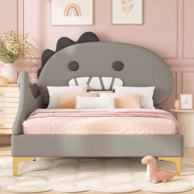 Letto singolo ULEVR 90x200 cm a forma di dinosauro, rivestimento in PU grigio e struttura in MDF