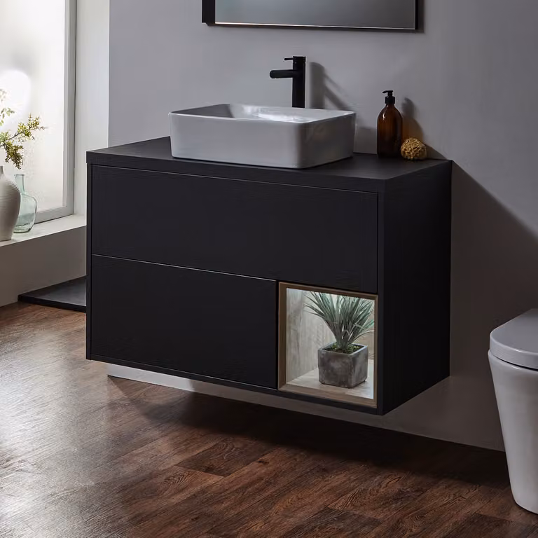 Mobile Bagno Sospeso con Ripiano Aperto da 1000mm in Rovere Scuro con Lavabo d'Appoggio Rettangolare - Hoxton