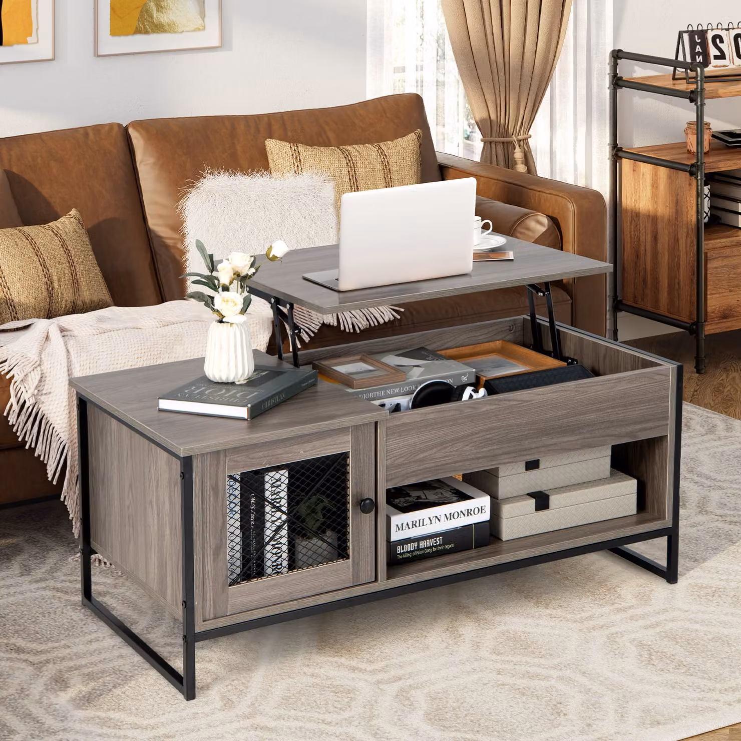 Tavolino COSTWAY con piano sollevabile e dispositivo di sollevamento pneumatico, tavolino da centro multifunzionale, tavolino da divano con vano chiuso e mobile a 2 ante per soggiorno, 106 x 55 x 44,5 cm, grigio