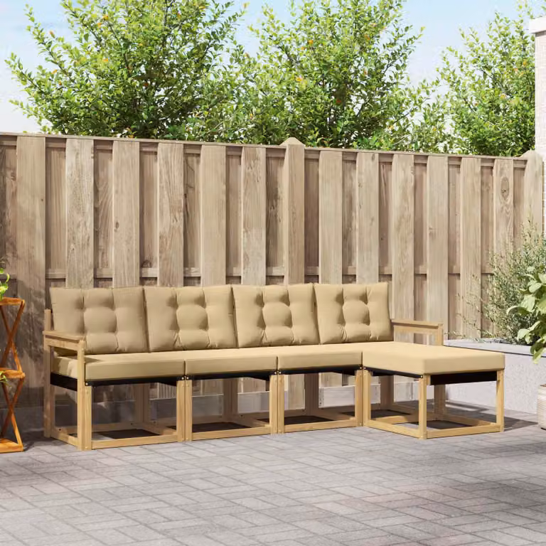 Set di divani da esterno vidaXL a forma di L in legno di acacia con cuscini, bianco e beige