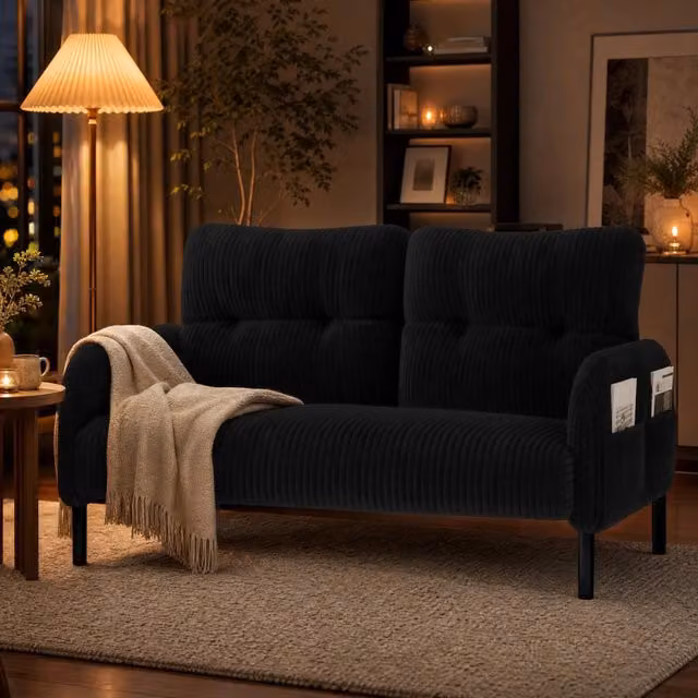 Divano 2 posti 120x75x79 cm in velluto a coste nero con tasca laterale HOMVRA