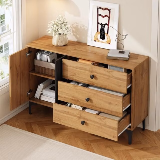 Credenza moderna con anta e tre cassetti in legno e metallo per soggiorno o sala da pranzo, colore marrone e nero, L: 120 cm, P: 35 cm, H: 76 cm