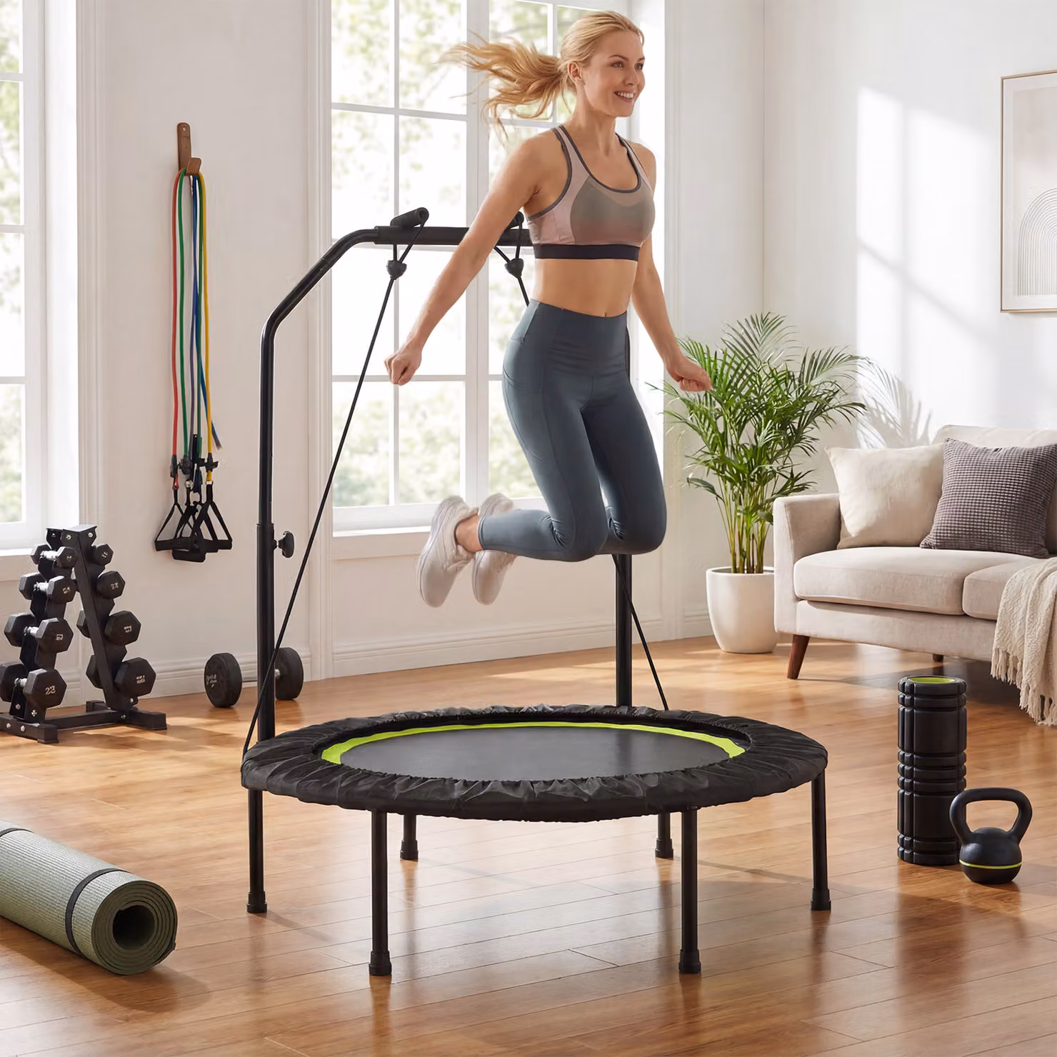 Costway Mini Trampolino Pieghevole con Maniglia Regolabile e Bande di Resistenza, Verde, Diametro: 101 cm