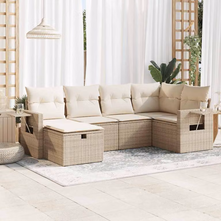 Set Divano da Giardino vidaXL 6 pz a Forma a L con Cuscini Beige e Struttura in Polyrattan e Metallo