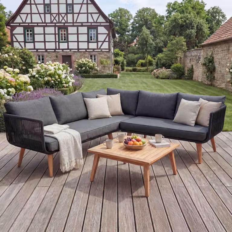Set da giardino HWC-L30, divano lounge set, legno di acacia MVG ~ rivestimento grigio scuro