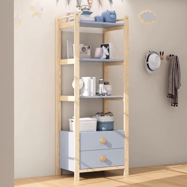 Scaffale WISHDOR a 4 livelli con 2 cassetti in legno di pino, colore blu e marrone, L: 70 cm, P: 44 cm, H: 180 cm