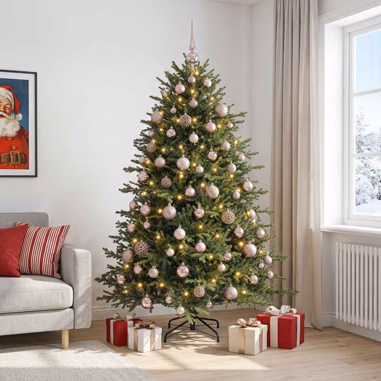 Albero di Natale artificiale verde vidaXL con 300 LED luce bianca calda e decorazioni, Altezza: 210 cm