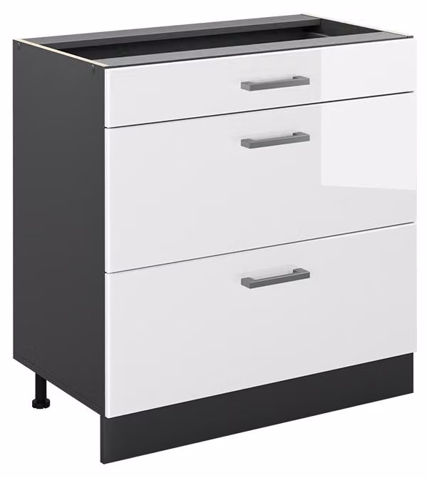 Mobiletto base per cucina Vicco R-Line Bianco lucido/Antracite 80 cm con 3 cassetti senza piano di lavoro, Model 72419