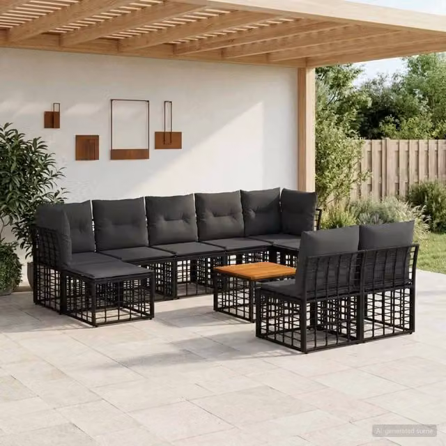 Set di divani da esterno 10 pz Nero e Grigio scuro Poliestere 3437559